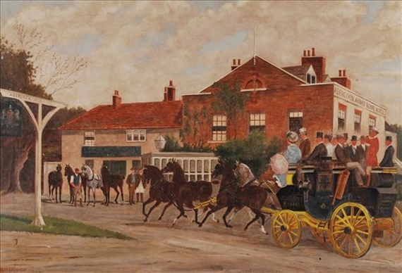 The London and St. Albans coach outside the Abercorn Arms hotel, Stanmore Hill C1870