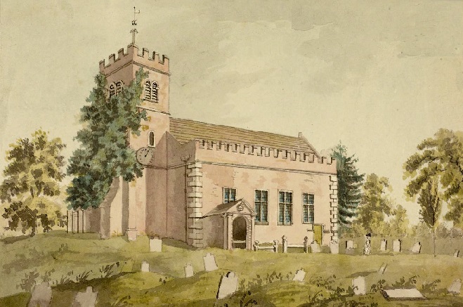 The Church in C1800 showing the porch carved in Portland stone attributed Nicholas Stone, architect and master stone mason to Charles I