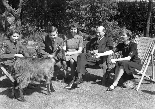 Clement Attlee with his wife three of their children and their pet goat Mary
in the garden at their home in Stanmore April 1943