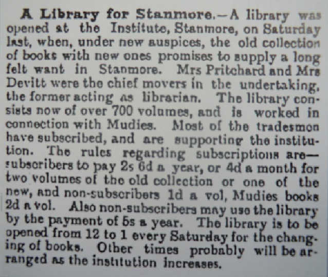 Stanmore's new library advertised in the local paper, in 1899