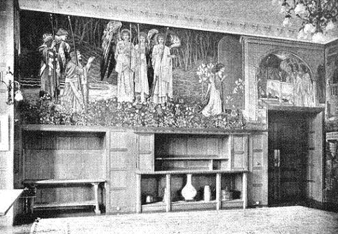 The Attainment narrative panel of the Holy Grail tapestries hung in the dining room at Stanmore Hall. Tapestries woven by Morris & Co. 1891-94. This version of the tapestry is woven to fit over the doorway