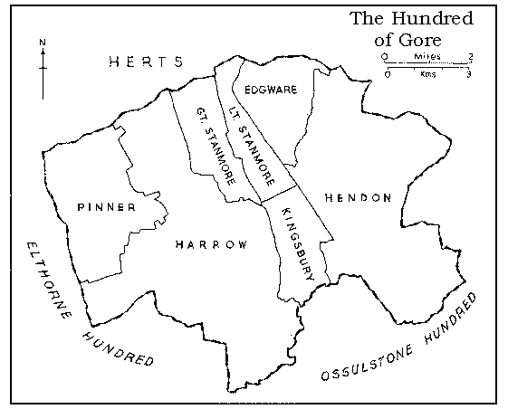 The hundred of Gore was a county division in the ancient county of Middlesex. <br>It covered an area in the north of the county and contained the following parishes and settlements