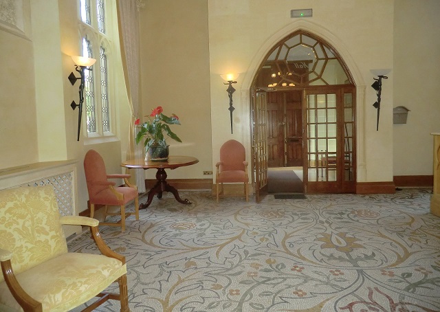 The beautiful William Morris mosaic floor still in use, in the Stanmore Hall foyer