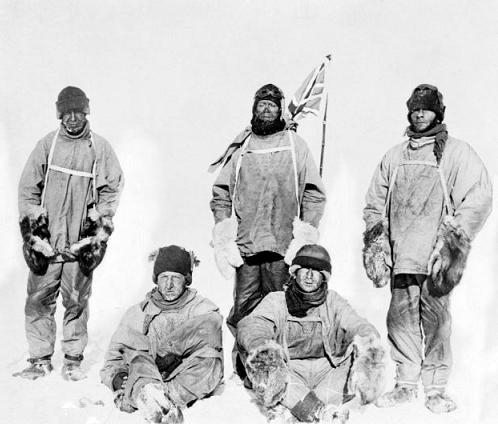 The five-man Polar party. Captain Laurence Oates, Captain Robert Scott, Petty Officer Edgar Evans; sitting (l-r) Lt Henry Bowers, Dr Edward Wilson