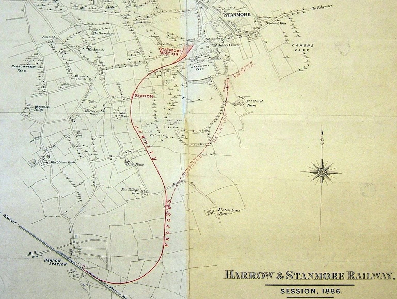 The proposed, and actual route of the Stanmore Railway